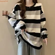 HUIJIANG Camiseta De Manga Comprida , Blusa Listrada Retrô Plus Size , Moletons Chiques E Soltos Para Mulheres