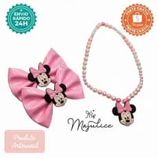 Kit Luxo Minnie Rosa Par de Laços Verniz + Colar Infantil Miçangas Majulice  Não Escorrega, Bico de Pato