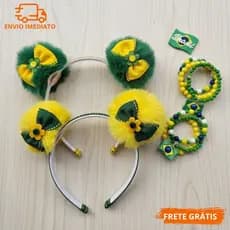 Kit Tiara Brasil Infantil com Laço e  3 Pulseiras Coloridas Copa Festa Jogo Escolar