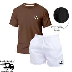 Conjunto Masculino Camiseta e Short Tactel com Bolso Atrás Praia Moda Casual Treino Academia Mauricinho Los Angeles