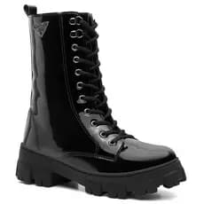 Bota Coturno Feminina Verniz Cano Médio Cadarço Tratorada