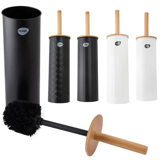 Escova Para Vaso Sanitário Com Tampa E Cabo Bambu  Com suporte Branco e Preto
