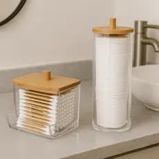 Organizador Disco Algodão E Cotonetes Acrílico Tampa Bambu Kit