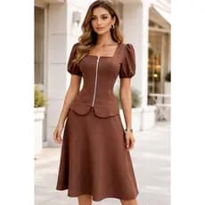 W26002 Conjunto feminino elegante - Blusa Zíper e Saia Mídi