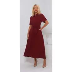 W2602 Vestido Midi Feminino Elegante Manga Curta com Faixa na Cintura e Bolso Zíper Frontal