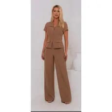 W660 Conjunto Alfaiataria Feminino Calça pantalona e Blusa Manga Curta com Botões