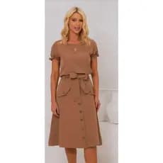 W2601  Vestido Feminino Midi Elegante com Faixa na Cintura Botões Frontais Manga Curta Casual Social