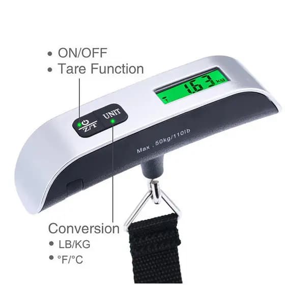 Balança Digital Portátil de Bagagem até 50kg com LCD Função Tara Gancho Resistente Viagem Mala