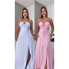 VESTIDO LONGO LISTRADO BOJO ROSA AZUL VESTIDO LISTRAS FENDA VESTIDO LINHO