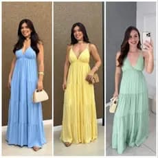 VESTIDO LONGO COSTAS NUA AMARRAÇÃO VERÃO VISCOSE AMARELO MANTEIGA AZUL CLARO VERDE CLARO CANDY COLORS VERÃO