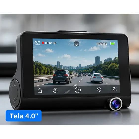 Câmera Veicular DVR 4.0” Full HD 1080P com Visão Noturna, Câmera Frontal e Traseira, Auxílio de Ré, Gravação Automática