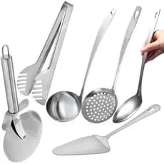 Kit Completo 6 Utensílios Profissionais em Aço Inoxidável Cozinha e Restaurante - Escumadeira Colher Concha e Utensílios