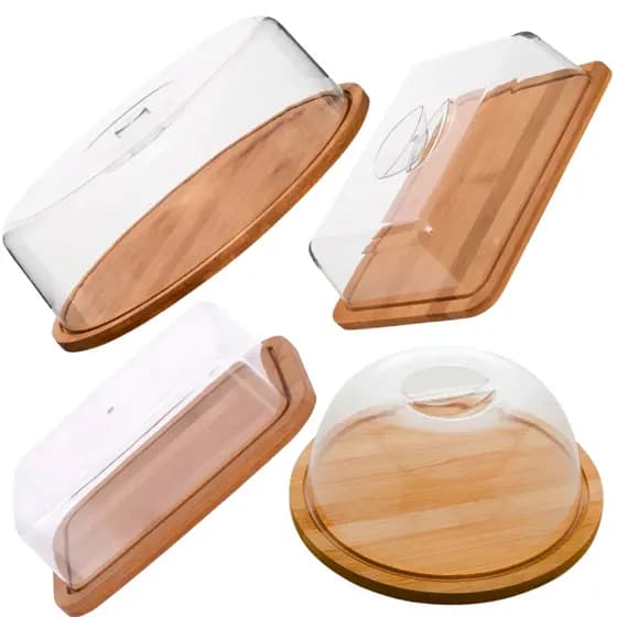 Kit Completo 4 Porta Alimentos em Bambu com Tampa Acrílica – Boleira Queijeira Porta Frios e Manteigueira em Bambu
