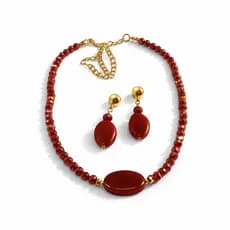 Kit Colar + Brincos Vermelho Elegante Luxo Feminino | Bijuteria Fina Dourada Premium