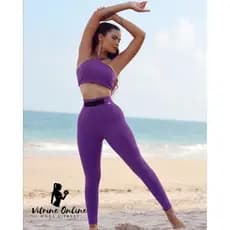 Conjunto Calça Legging + Top Cropped Rota D'água Com Bojo Em Poliamida 25 / Moda Feminina Fitness Academia Premium