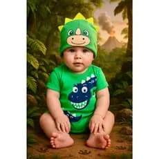 Body Temático Dinossauro Body Mesversário Dino Fantasia para bebê Roupa para bebê Body + Touca Bichinho Body Unissex