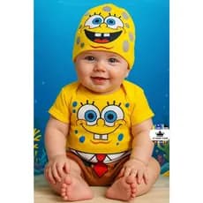 Body para bebê Bob Esponja Body Para Mesversario Body de Desenho Fantasia Para bebê Body + Touca Roupa Temática