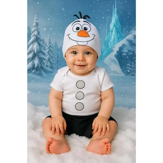 Body Temático Bebê Olaf Body Frozen Body Mesversario Olaf Body + Touca Olaf Fantasia Boneco Olaf Body Personagem Olaf