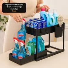Suporte Organizador 2 Andares Multiuso com Bandeja Corrediça Preta Pia Cozinha Banheiro
