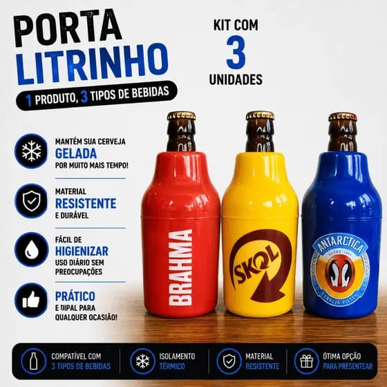 3 Porta Lata Litrinho e Long Neck Suporte Garrafa 300ml Térmico Novidade Bares