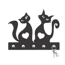 Porta Chaves Casal de Gatos Decorativo de Parede em MDF 3mm Preto Fosco