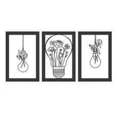 Quadro Decorativo Lâmpadas Florais 3 Peças C/ Dupla Face 3M em MDF Vazado de 3mm Preto