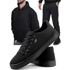 Kit Moletom Liso Calça e Blusa Capuz e Bolso Canguru + Sapatênis Tênis Casual Preto Skatista Touroboots Masculino