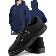 Kit Sapatênis Casual Preto Masculino Touroboots + Moletom Canguru Azul Liso Sem Estampa Capuz Ajustável