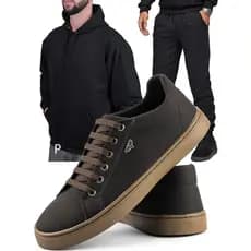 Kit Inverno Sapatênis Casual Tênis Marrom Touroboots Masculino com Conjunto de Blusa e Calça Moletom Liso Sem Estampa