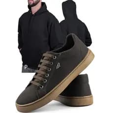 Kit Tênis Casual Sapatênis Touroboots Masculino Marrom com Blusa Moletom Preto Canguru de Algodão