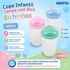 Copo Infantil Tampa com Bico Bichinhos 400ml Rosa Azul Verde - Giotto UNIDADE