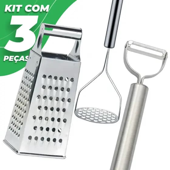 Kit Cozinha 3 Peças Inox Amassador de Batatas Purê Ralador de Queijo e Legumes e Descascador de Frutas Profissional