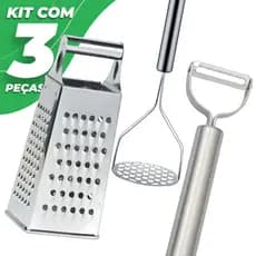 Kit Cozinha 3 Peças Inox Amassador de Batatas Purê Ralador de Queijo e Legumes e Descascador de Frutas Profissional