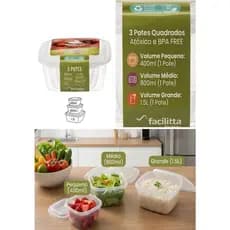Kit 3 Potes Quadrados Plásticos BPA Free 400ml 800ml 1,5L Para Alimentos Cozinha Marmita