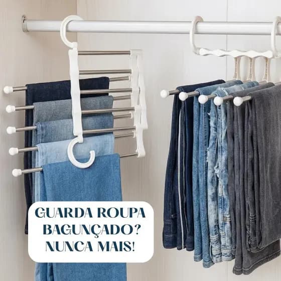 Cabide Mágico Organizador Para Calças 5 em1aço inox e plástico Dobrável para Guarda Roupa