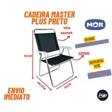 Cadeira aluminio Praia garagem lazer MOR MASTER PLUS PRETO alumínio confortável  para até 120kg