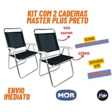 KIT 2 Cadeiras De Praia aluminio Praia garagem lazer MOR MASTER PLUS PRETO alumínio confortável
