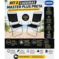 Kit jogo combo 2 Cadeiras Praia Master Plus Mor Preta Dobrável Reforçada 120kg