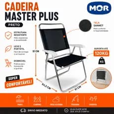Cadeira Mor Master Plus Alumínio Preta Fácil Transporte Dobrável Praia Camping Até 120kg