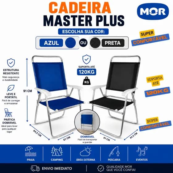 Cadeira Mor Master Plus Alumínio Azul ou Preta Fácil Transporte Dobrável