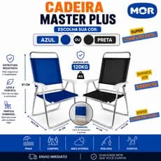 Cadeira Mor Master Plus Alumínio Azul ou Preta Fácil Transporte Dobrável