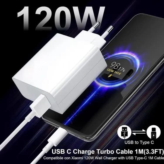 Carregador rápido de 120W 67W com 6A USB C cabo 1M para Mi Turbo Charge Turbo Power Cabo USB + Cabo Tipo C