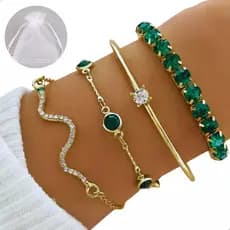 Conjunto 4 Peças Pulseira Bracelete Feminina Dourada E Verde com Saquinho para Proteger