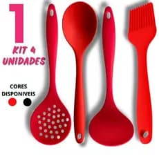 Jogo de Utensílios em Silicone Premium | Kit 4 Culinárias Vermelho e Preto