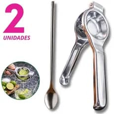Kit Espremedor de Limão Inox Manual Profissional + Colher Longa Inox Caipirinha Bar Cozinha 2 Unds