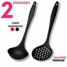 Kit Concha e Escumadeira de Silicone Cozinha Resistente Antiaderente Cabo Longo