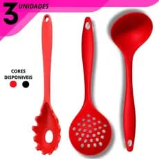 Kit 3 Utensílios Silicone Concha Escumadeira Pegador Macarrão Cozinha