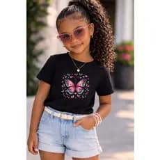 Camiseta Infantil Menina 100% Algodão Borboletas Bebê Criança Juvenil Menina Casual Passeio Blusinha Infantil