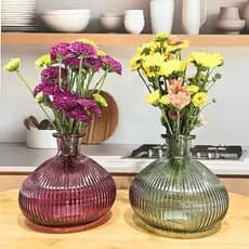 Vaso Verde Oliva e Roxo Vidro Canelado Pectore Redondo Elegante Mesa Posta 12 cm