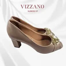 SAPATO FEMININO VIZZANO BEGE/ NUDE SALTO BLOCO BICO PEEP TOE, TAMANHO 37